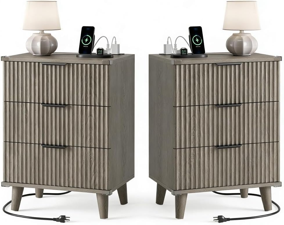 Lulive Wood Night Stand Set 2 Fluted Dresser for Bedroom 3 Drawers End Tables Nightstand with Charging Station, Side Table Dark Grey Oak