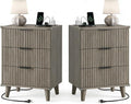 Lulive Wood Night Stand Set 2 Fluted Dresser for Bedroom 3 Drawers End Tables Nightstand with Charging Station, Side Table Dark Grey Oak