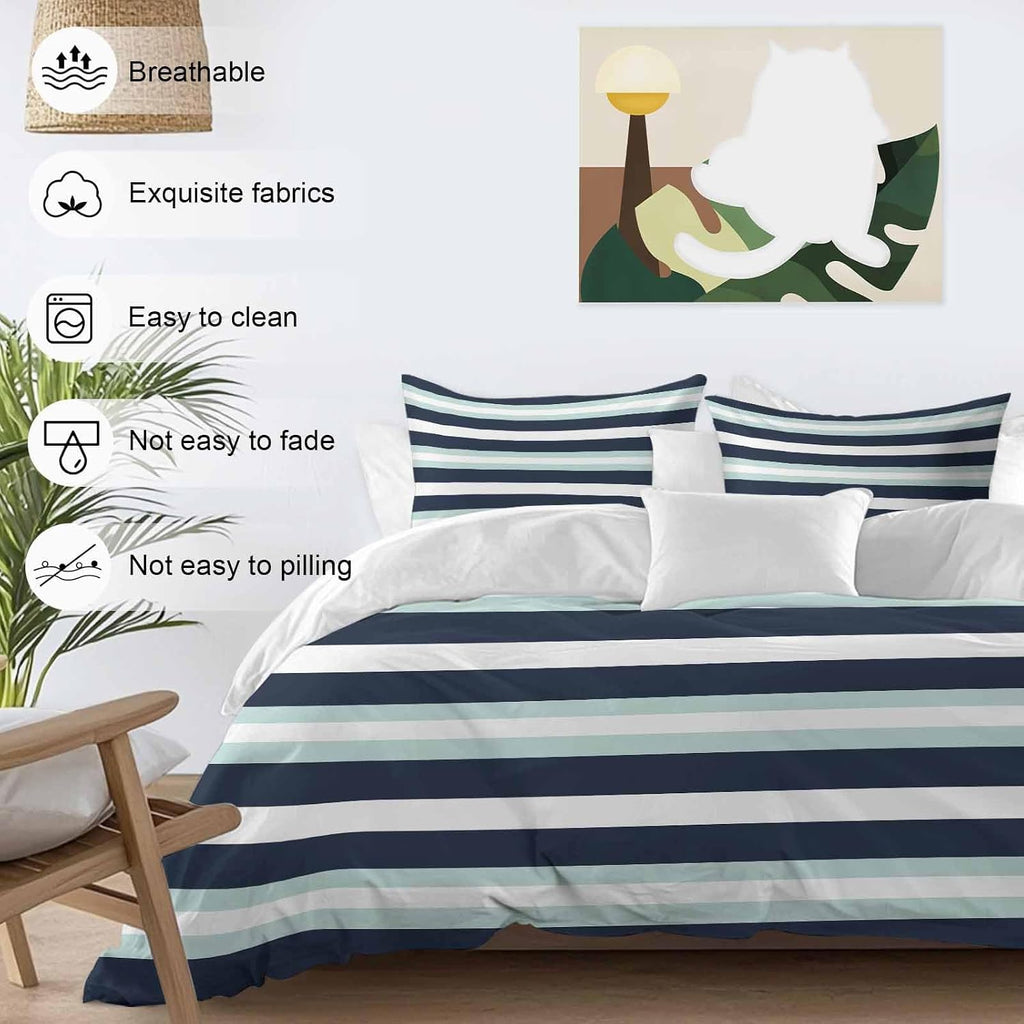 Prime Leader Turquoise Navy Blue Stripe Duvet Cover Set Queen Size 4 Pieces Modern Abstract Minimalist Bedding Set with Zipper Closure, 1 Comforter Cover 90x92 Inches 1 Flat Sheet & 2 Pillow Cases