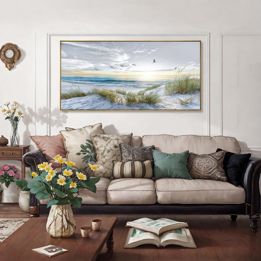 Canvas Prints Wall Art Beach Sunrise Ocean Waves Beach Grass Nature Pictures Stretched Canvas Wooden Framed for living Room Bedroom and Office Home Decor 30'x60' with Framed