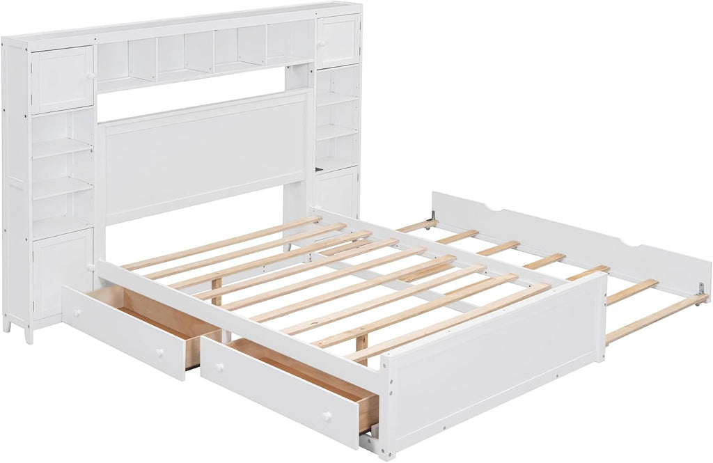 Merax Full Size Wooden Bed with All-in-One Cabinet, White Platform Bed Frame with 2 Drawers, Trundle and Sockets