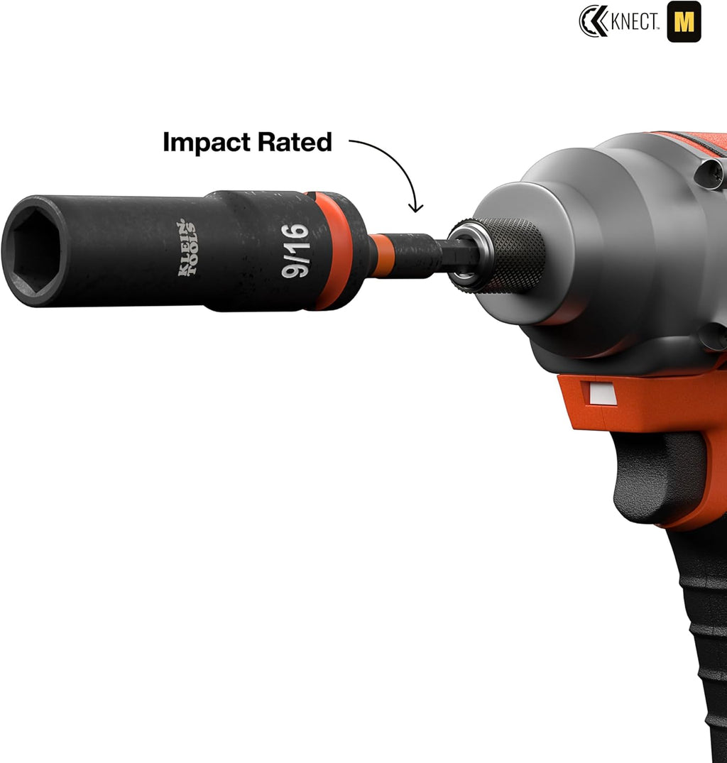 Klein Tools 65123HD KNECT Deep-Well Impact Socket Set, 1/2-Inch Drive, SAE and Metric, 28-Piece Tool Set, 1/4-Inch Impact Driver, Wrench Extensions, Color-Coded, Removable Socket Organizer
