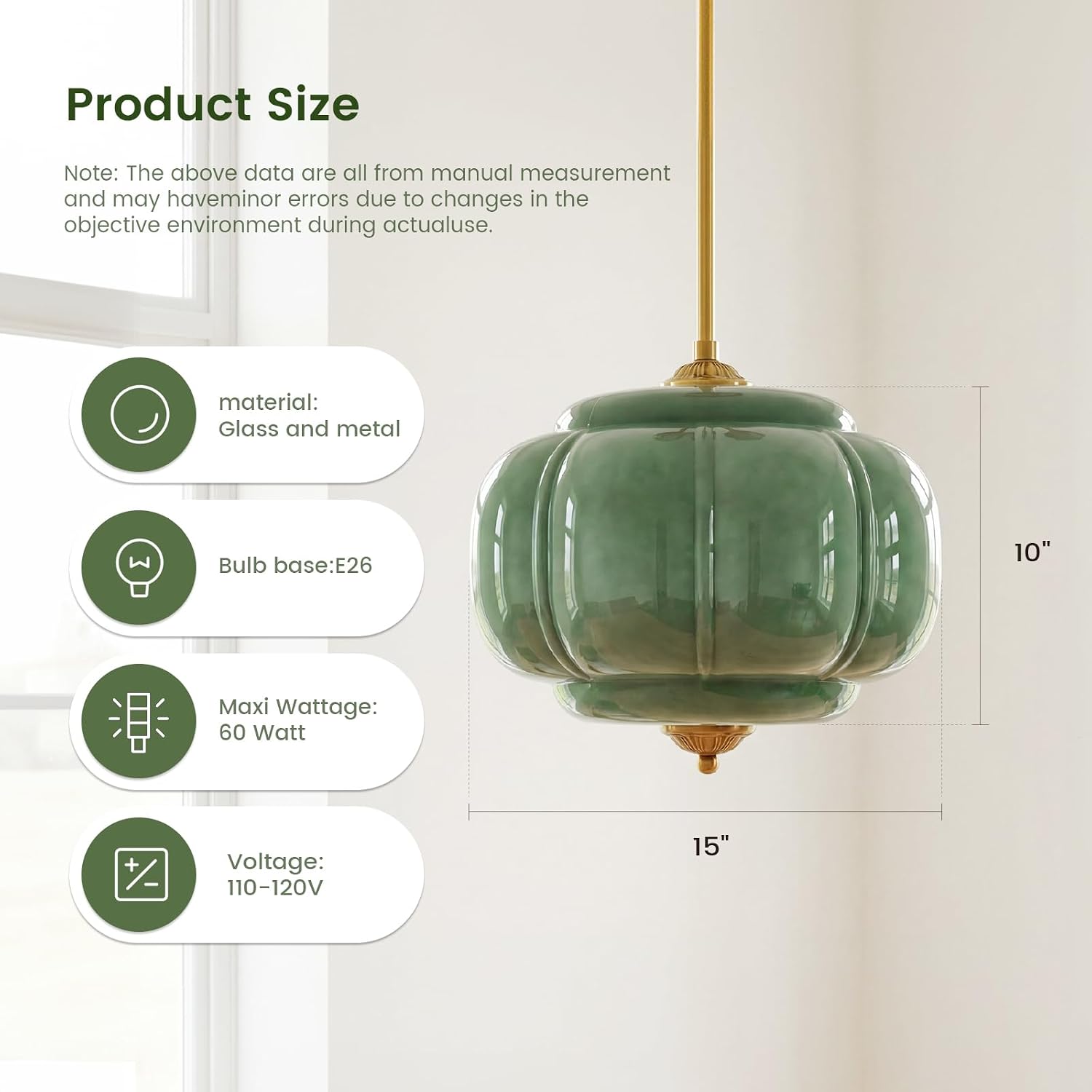 Milk Glass Ceiling Light Fixture - Antique Brass Semi Flush Mount Pendant Light for Kitchen, Hallway, and Bedroom (Green 15 inch)