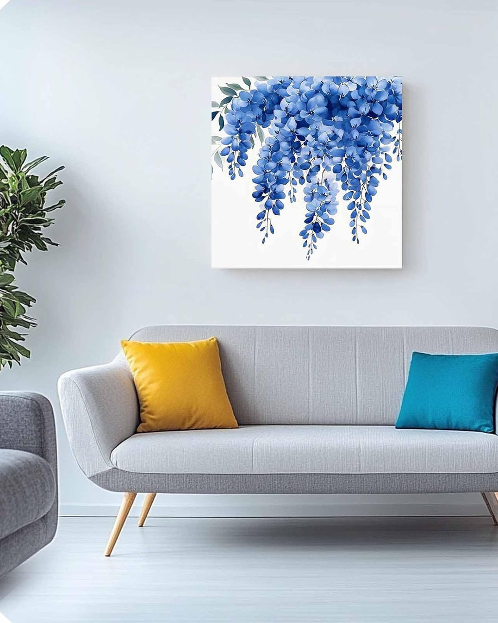 Blue Floral Canvas Wall Art - Vintage Watercolor Spring Gradient Blue Flowers Green Leaf - Modern Wall Decor Gallery Canvas Wraps Giclee Print Stretched and Framed Ready to Hang - 24' x 24'