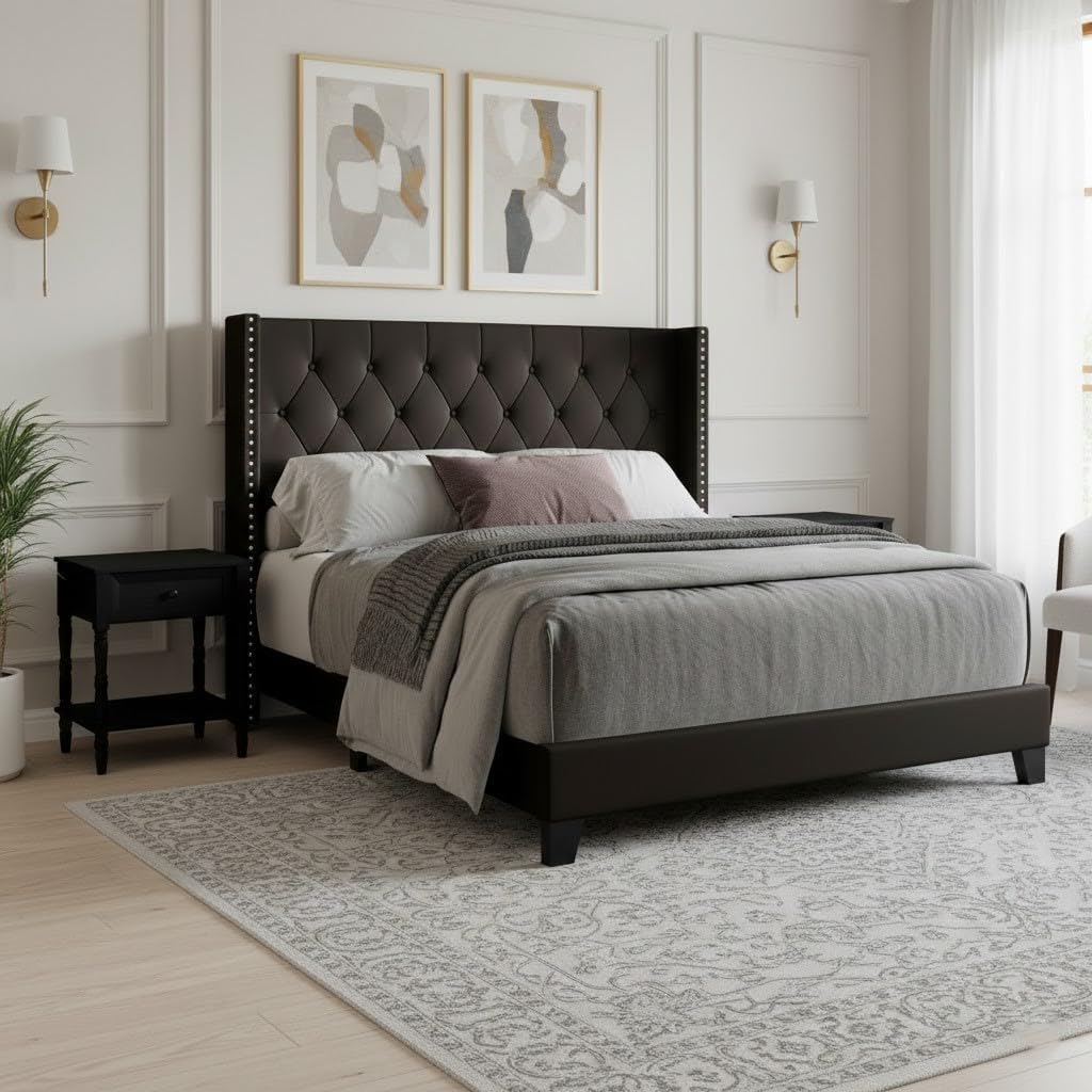 HOME DESIGN Homer Twin Tufted Wingback Upholstered Panel Bed with 2 Matching 1 Drawer Nightstands, Bedroom Furniture Set with Open Shelf Storage, Black Black