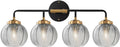 4-Light Bathroom Vanity Light Black Wall Light Sconces with Smoky Gray Glass Shade Mid Century Bathroom Wall Lights Fixtures Modern Vanity Lamp for Over Mirror Living Room Cabinet