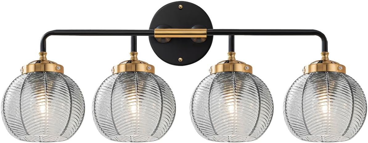 4-Light Bathroom Vanity Light Black Wall Light Sconces with Smoky Gray Glass Shade Mid Century Bathroom Wall Lights Fixtures Modern Vanity Lamp for Over Mirror Living Room Cabinet