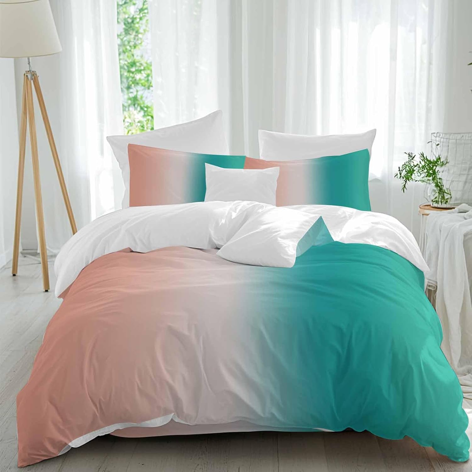 Gradient Pink Green Duvet Cover Set Queen Size 4 Pieces Modern Abstract Minimalist Orange Brown Ocean Beach Bedding Set with Zipper Closure,1 Comforter Cover 86x86 Inches 1 Flat Sheet & 2 Pillow Cases
