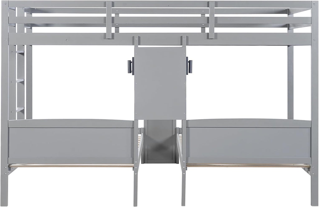VilroCaz Twin Over Twin & Twin Bunk Bed with Built-in Desk and Storage Shelves, 3 Beds in 1 Design Solid Wood Triple Bunk Bed with Reading Lamp and Guardrails for Kids Teens Aldults (Gray-2.14)
