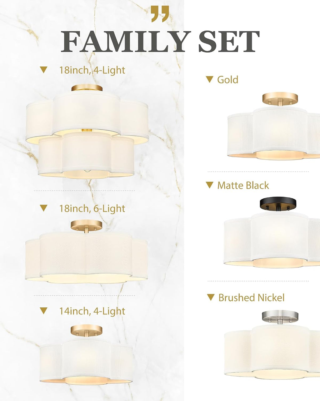 Gold Semi Flush Mount Ceiling Light, 5-Light 18' Ceiling Light Fixtures with Double Fabric Drum Shade in Quatrefoil Shape, Light Fixtures Ceiling Mount for Nursery Bedroom, AD-22007-5SF-GD