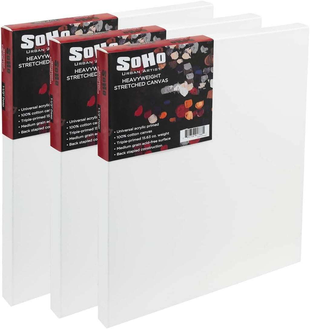 SoHo Urban Artist, 20x40 Heavyweight Stretched Cotton Canvas for Painting - 1.5' Deep- 3 Pack, Triple Primed, 100% Cotton Canvas, Archival, Universal Primed for Oil, Acrylic, Alkyd, Mixed Media