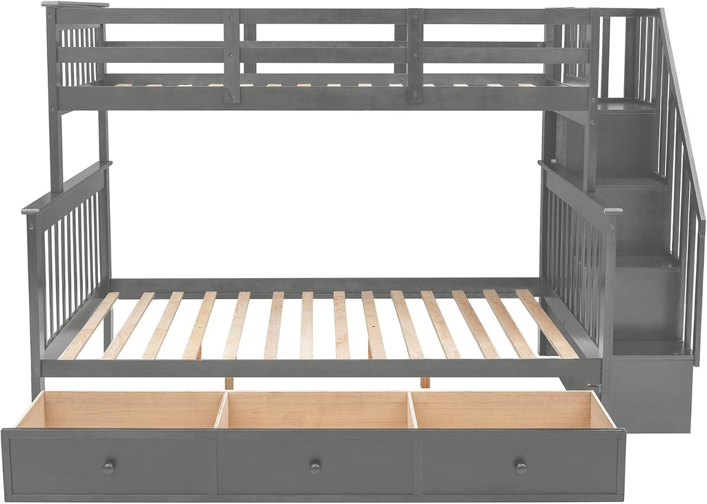Merax Twin-Over-Full Stairway Bunk Bed with Drawer, Storage and Guard Rail for Bedroom, Dorm, for Adults (Grey)