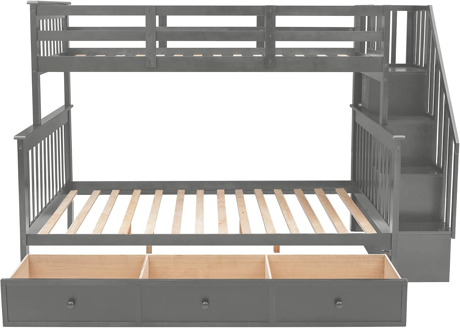 Merax Twin-Over-Full Stairway Bunk Bed with Drawer, Storage and Guard Rail for Bedroom, Dorm, for Adults (Grey)