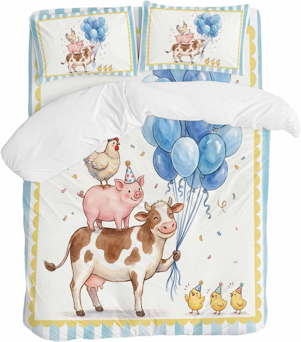 Pig Cow Duvet Cover Set Queen Size 4 Pieces Hen Chicks Blue Balloons Watercolor Animal Yellow Border Striped Bedding Set with Zipper Closure,1 Comforter Cover 92x106 Inches 1 Flat Sheet&2 Pillow Cases