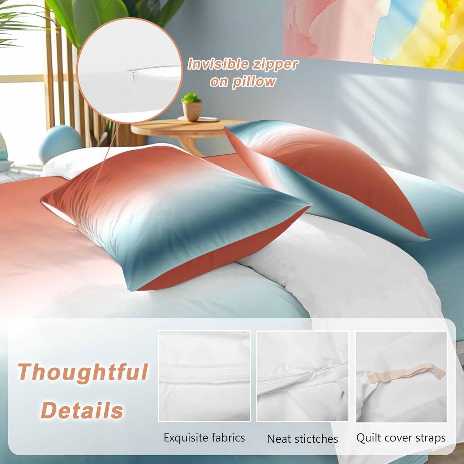 Gradient Orange Blue Duvet Cover Set Queen Size 4 Pieces Modern Abstract Minimalist Ocean Beach Bedding Set with Zipper Closure, 1 Comforter Cover 92x106 Inches 1 Flat Sheet & 2 Pillow Cases