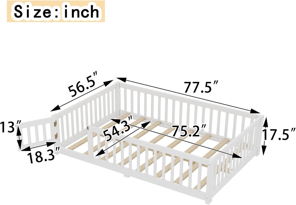 Bellemave Full Size Floor Bed Frame with Fence and Door for Kids, Montessori Floor Bed with Slats and Safety Guardrails,Solid Wood Full Bed Frame for Girls Boys,White
