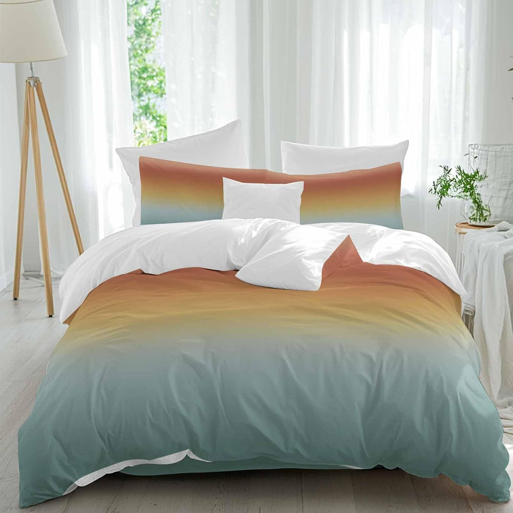 Bohemian Gradient Green Duvet Cover Set Queen Size 4 Pieces Modern Minimalist Orange Yellow Ocean Beach Bedding Set with Zipper Closure, 1 Comforter Cover 92x106 Inches 1 Flat Sheet & 2 Pillow Cases
