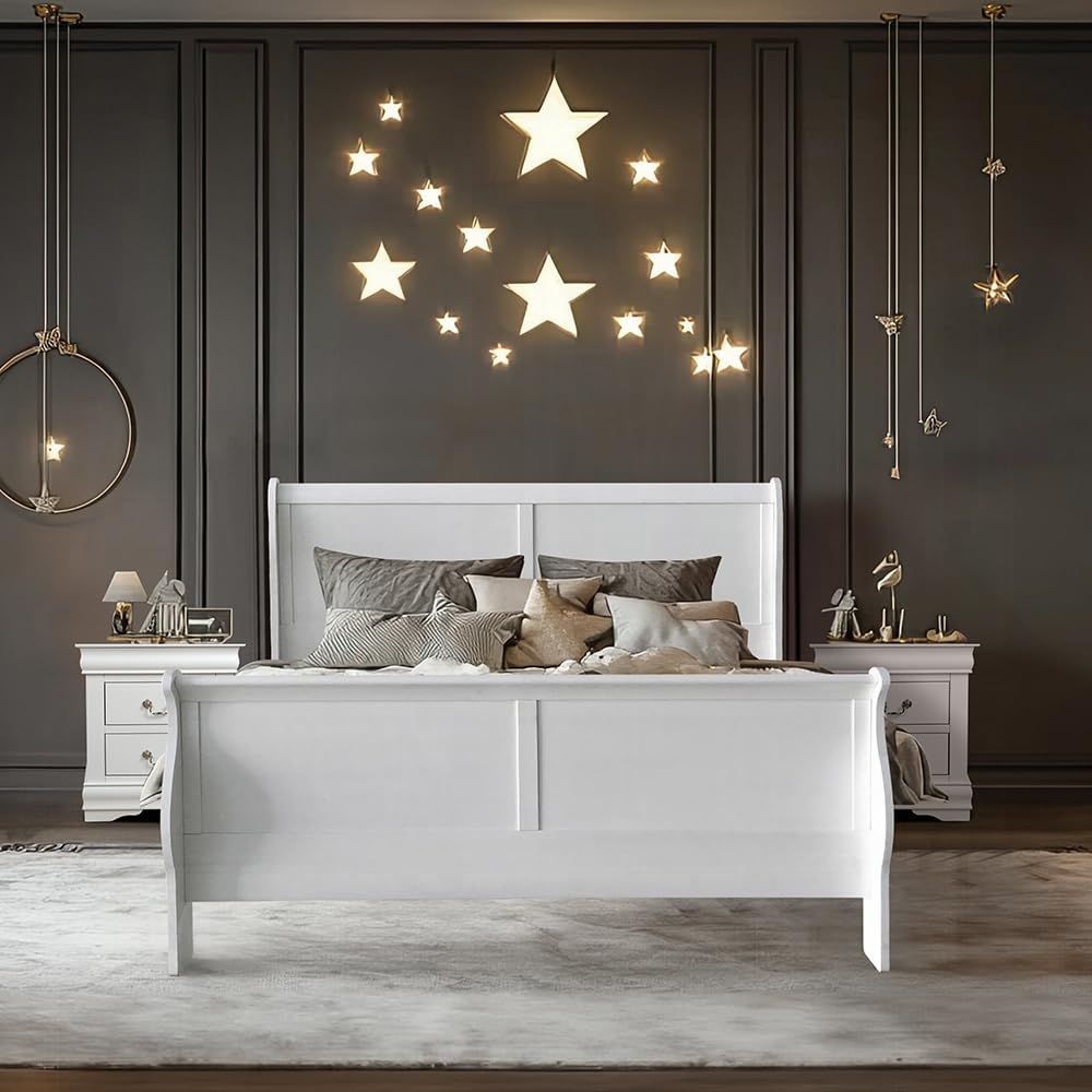 Elegant White Queen Sleigh Bed Frame with Tall Headboard and Footboard, Queen Size Platform Bedframe, Under Bed Storage Space, Strong Wooden Slats, Modern Mattress Foundation (Queen)