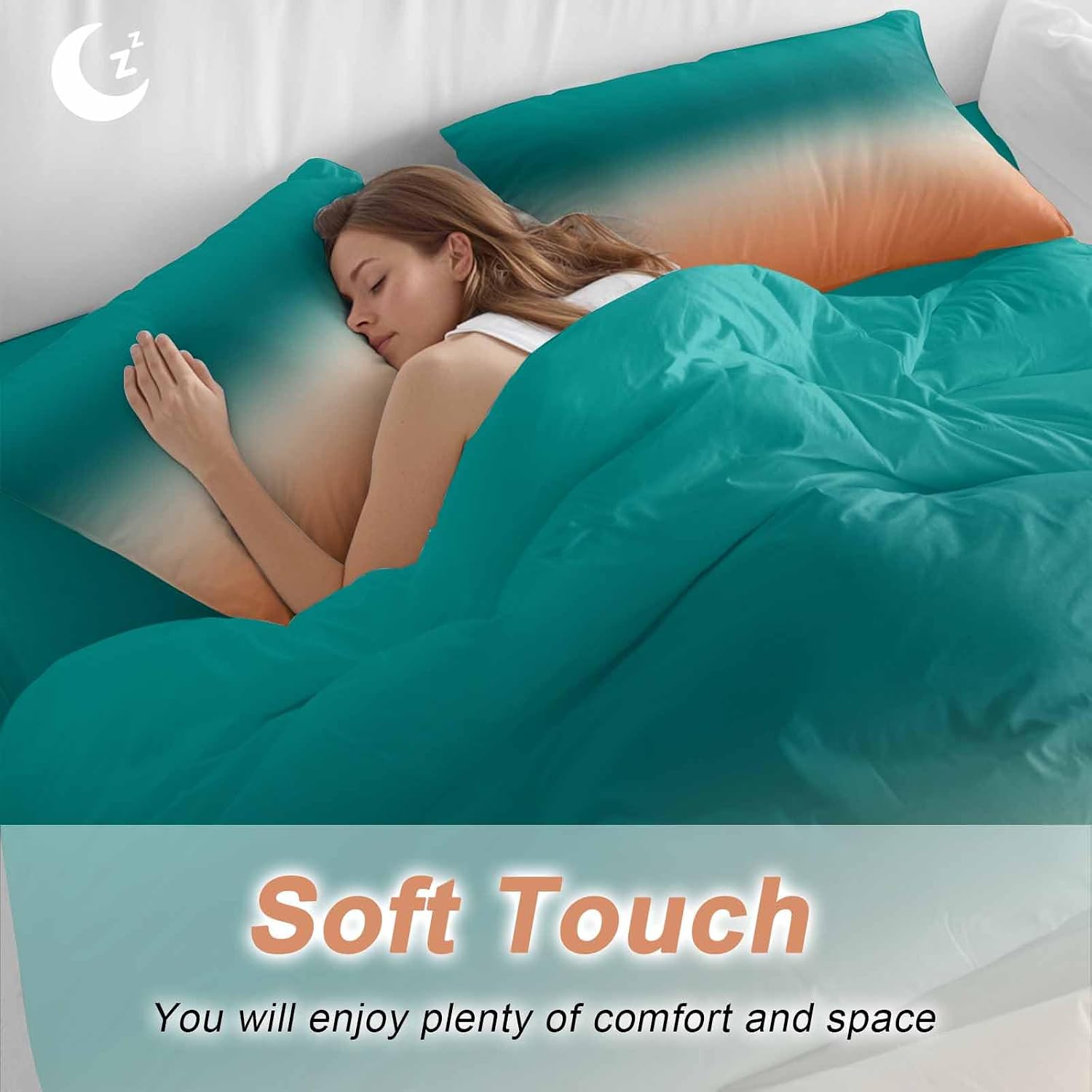 Gradient Green Duvet Cover Set Queen Size 4 Pieces Modern Minimalist Green Orange Ocean Beach Bedding Set with Zipper Closure, 1 Comforter Cover 90x92 Inches 1 Flat Sheet & 2 Pillow Cases
