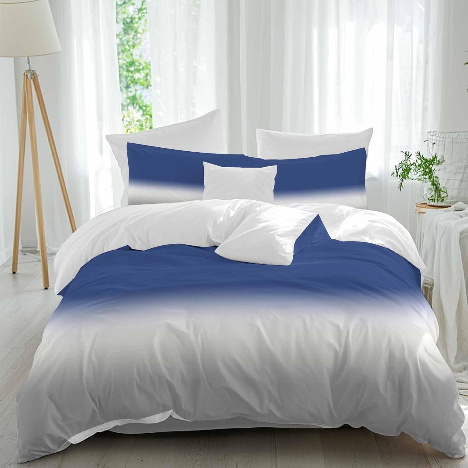 Prime Leader Navy Blue Grey Ombre Duvet Cover Set Queen Size 4 Pieces Modern Abstract Gray Gradient Bedding Set with Zipper Closure, 1 Comforter Cover 92x106 Inches 1 Flat Sheet & 2 Pillow Cases