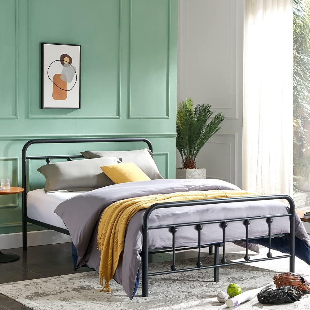 Full Size Metal Bed Frame with Vintage Headboard and Footboard, Premium Stable Steel Slat Support Mattress Foundation, No Box Spring Needed and Easy Assembly, Black (Full).
