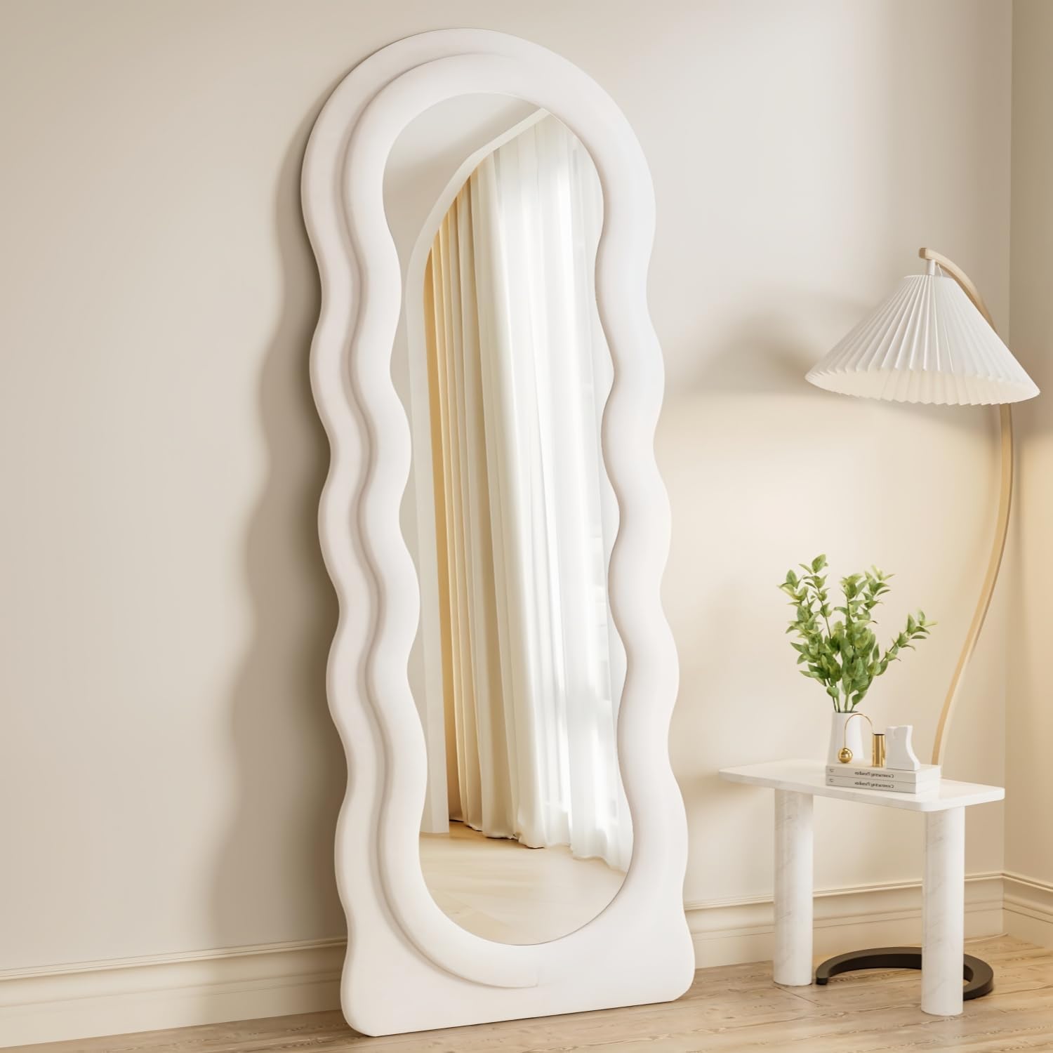 Dewfig Full Length Mirror, 63' x 24'Irregular Wavy Mirror, Large Floor Length Mirrors Wall Mounted, Standing Wavy Mirrors with Flannel Wrapped Wooden Frame for Bedroom/Living Room, White