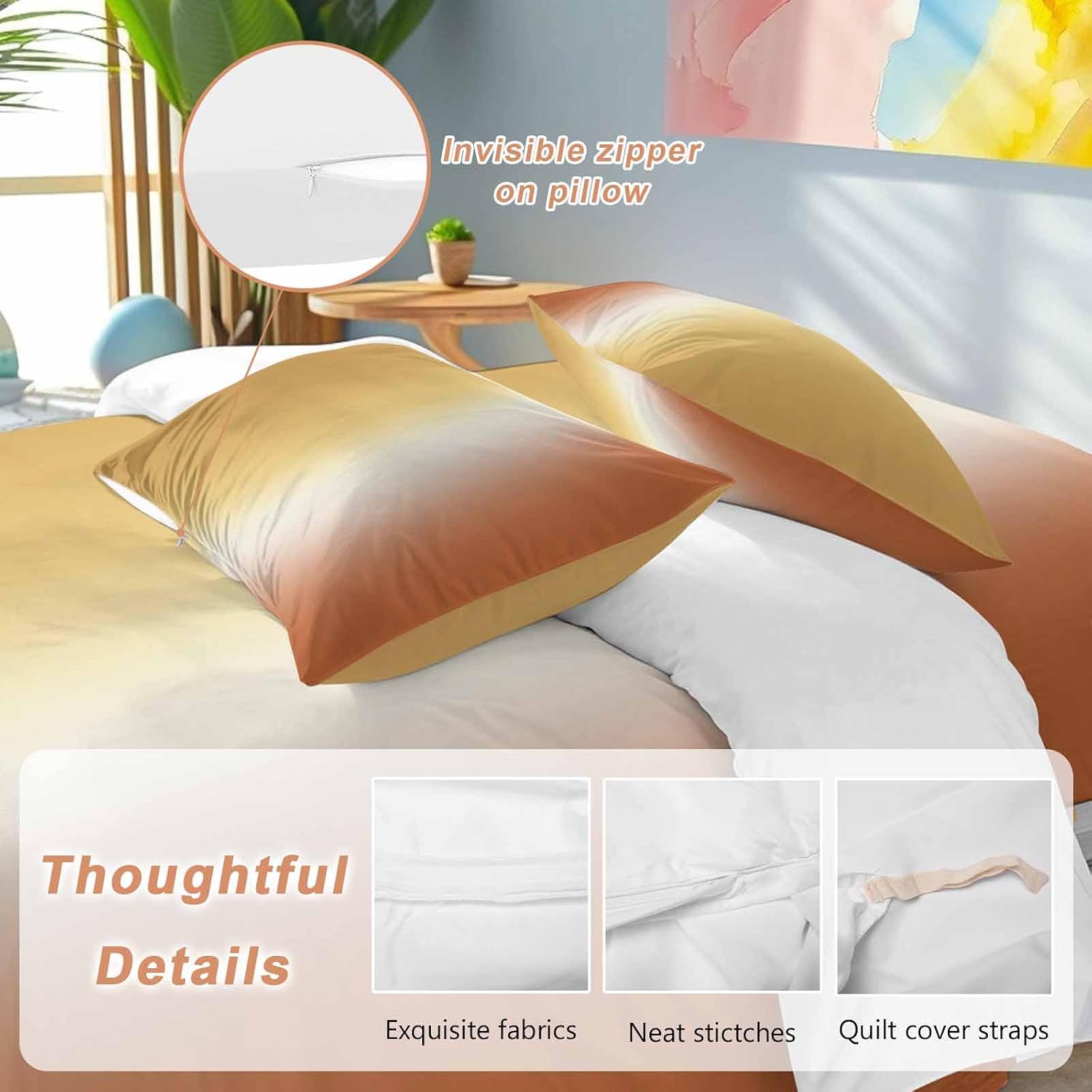 Gradient Yellow Orange Duvet Cover Set Queen Size 4 Pieces Modern Abstract Minimalist Ocean Beach Bedding Set with Zipper Closure, 1 Comforter Cover 92x106 Inches 1 Flat Sheet & 2 Pillow Cases