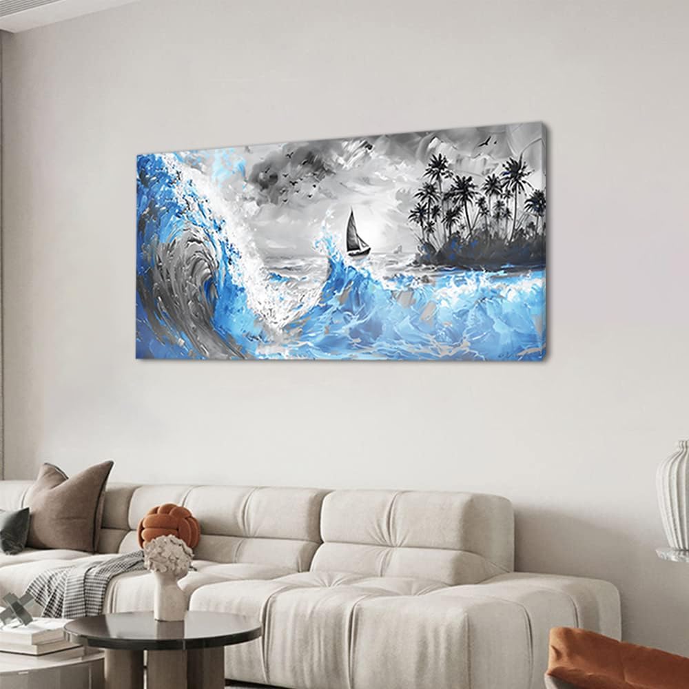 Piy Painting Blue Waves and Sailboat On Black and White Background Wall Art Decor Artwork for Living Room (30x60 Inches)