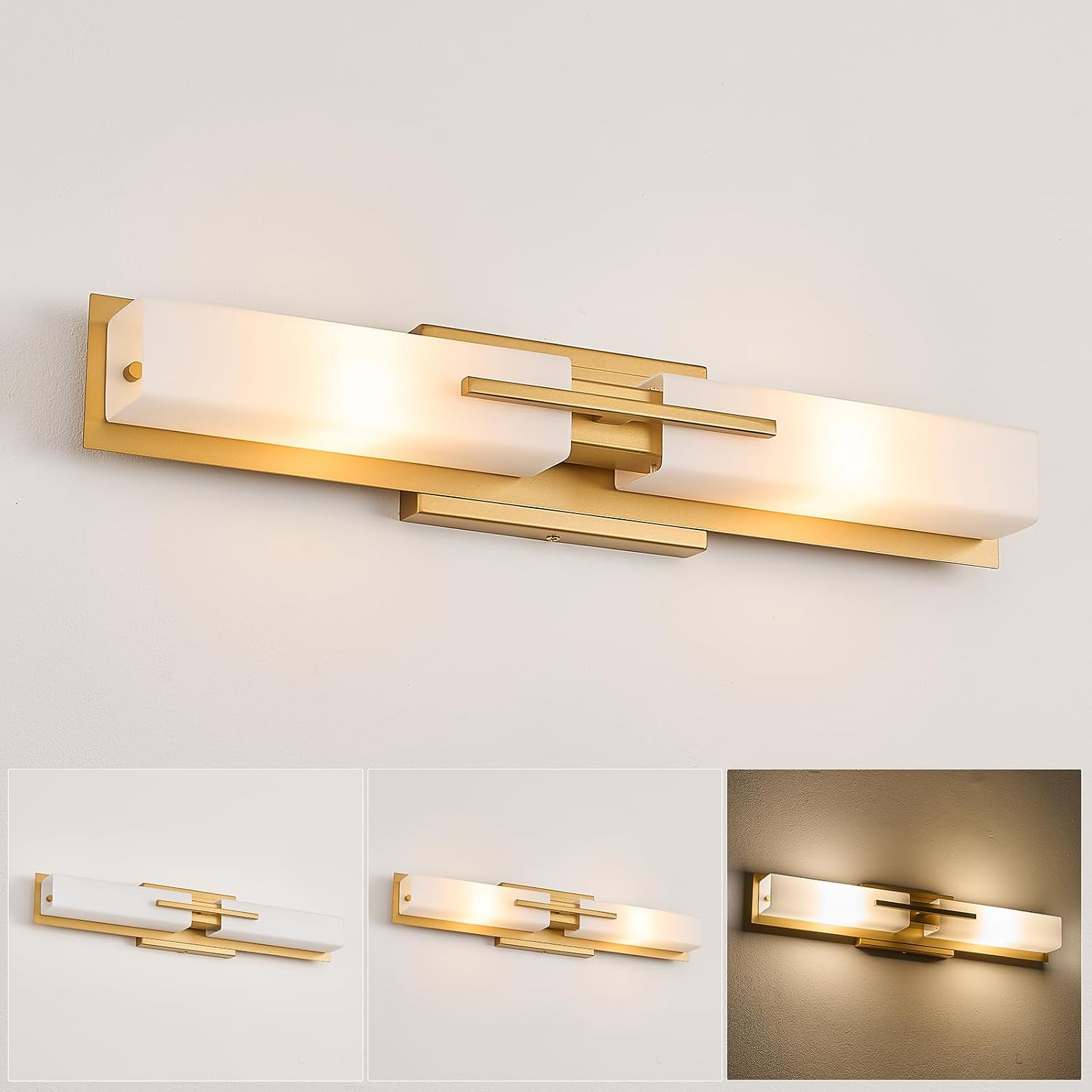 VitaLink Gold Vanity Light, 24' Modern Bathroom Wall Light Over Vanity Mirror 2-Light Hardwired Milky White Glass Wall Light for Bedroom Living Room Dining Room Hallway