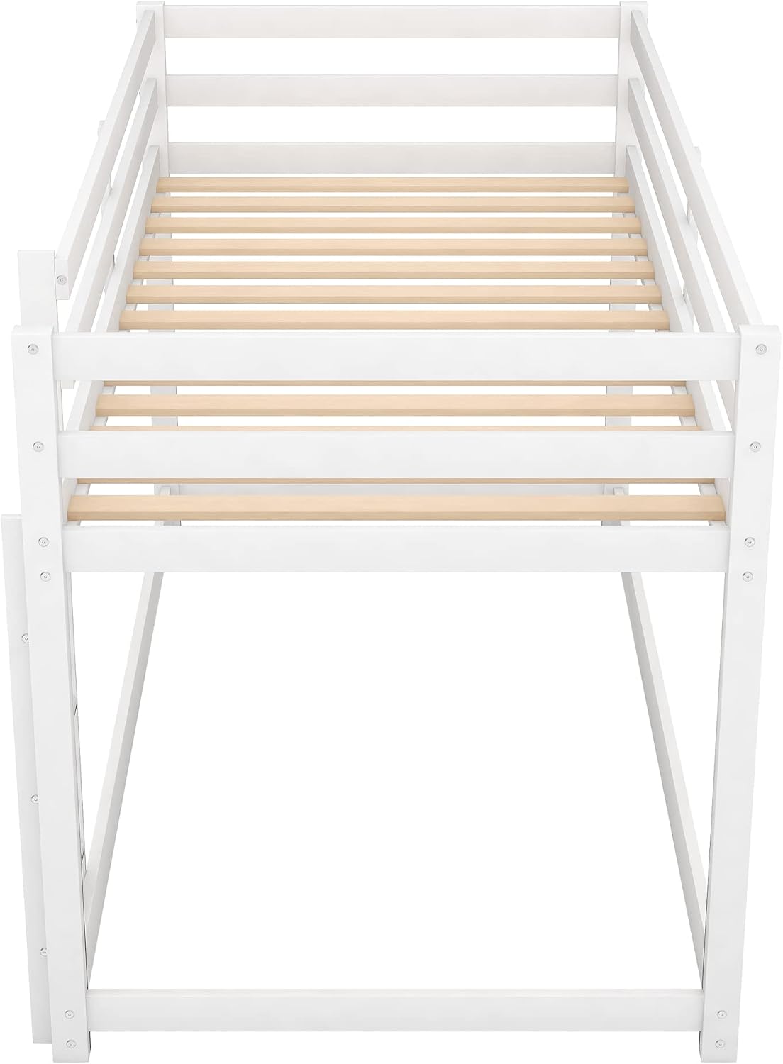 Twin Over Twin Floor Bunk Bed with Ladder,Bed Frame W/Sturdy Slats and Full Length Guardrails,for Bedroom,Apartment,Guest Room,Easy to Assemble,White