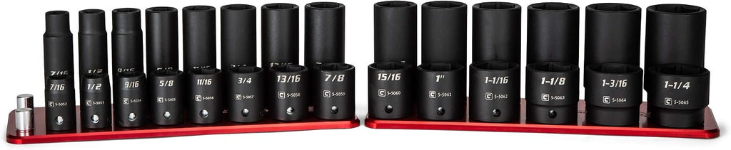 Capri Tools 1/2 in. Drive Shallow and Deep Impact Socket Set, SAE, 9/16 to 1-1/2 in, 28-Piece with Billet Aluminum Socket Rail (CP55000-28SSDR)