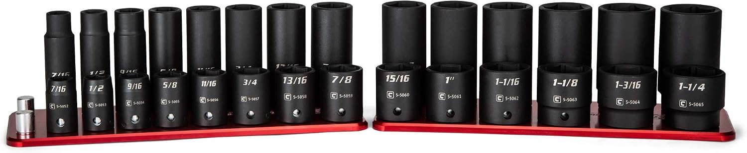 Capri Tools 1/2 in. Drive Shallow and Deep Impact Socket Set, SAE, 9/16 to 1-1/2 in, 28-Piece with Billet Aluminum Socket Rail (CP55000-28SSDR)