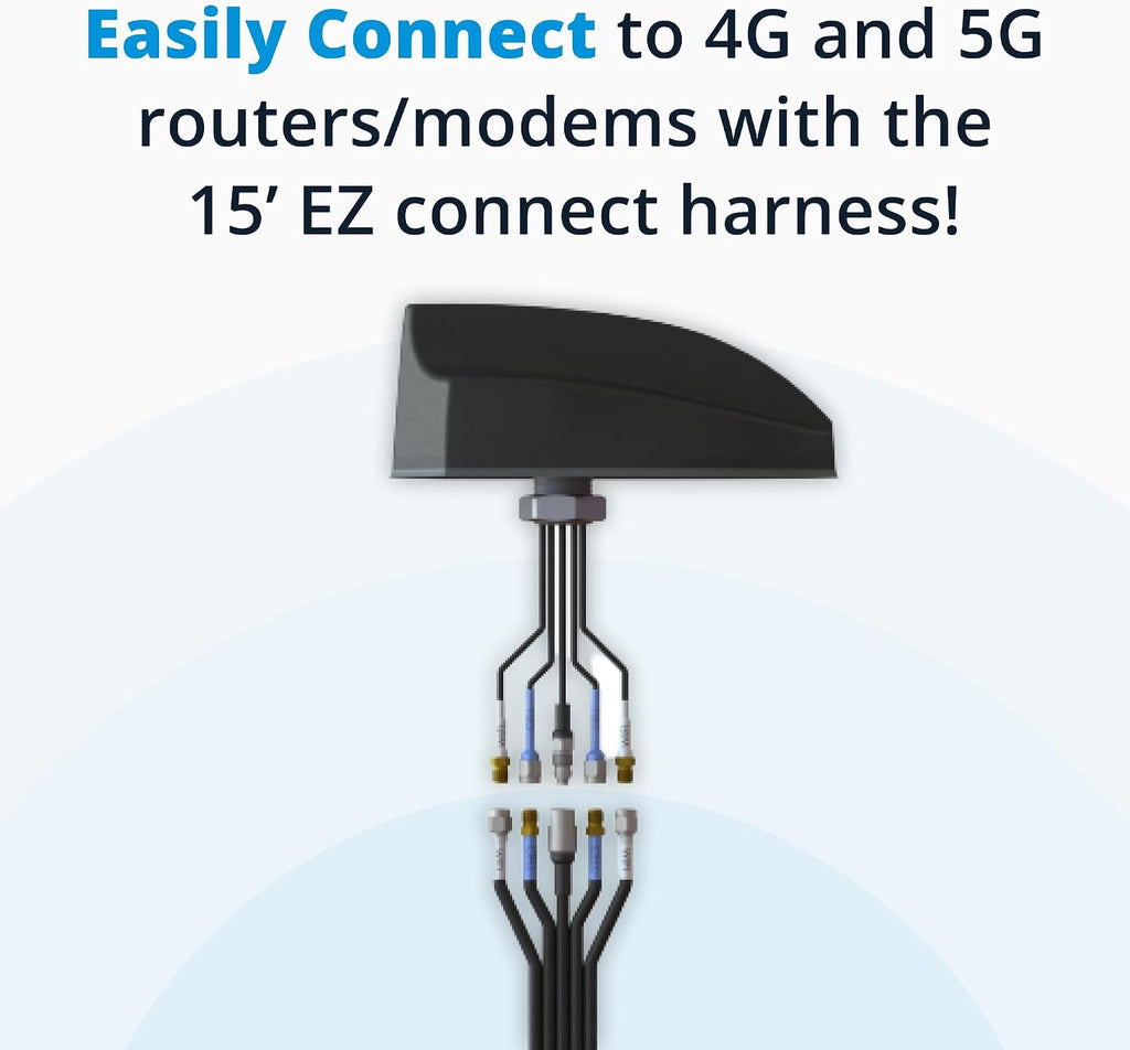 MULTIMAX™ 2x2 MIMO 4G/5G 4-in-1 All-Weather High Performance Antenna - for Cisco, Cradlepoint, Digi, Peplink, Etc. (Threaded Bolt, Black, 15' Cables w/ 2X 5G, 1x Wi-Fi, 1x GNSS)