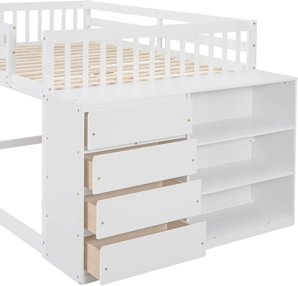 Full-Over-Full Size Bunk Bed, Bedroom Furniture Pine Wood Bed Frame with Storage Drawers and Open Shelves, Drawers and Shelves Set Can Be Moved, for Kids & Teens (White)