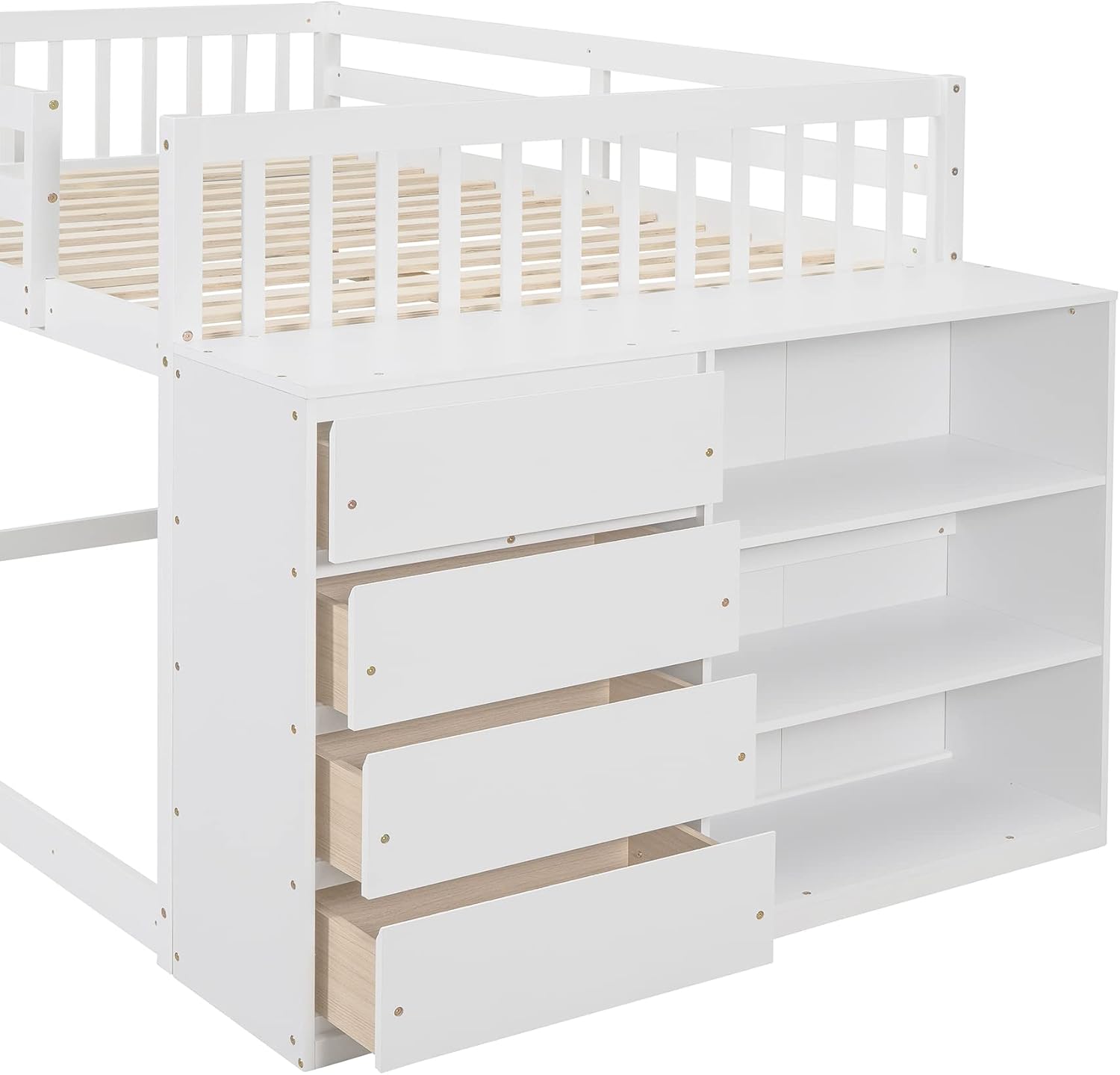 Full-Over-Full Size Bunk Bed, Bedroom Furniture Pine Wood Bed Frame with Storage Drawers and Open Shelves, Drawers and Shelves Set Can Be Moved, for Kids & Teens (White)