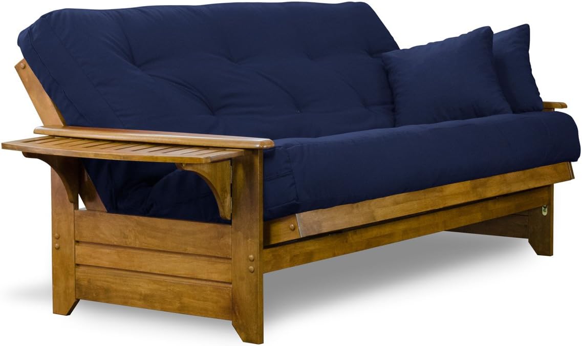 Nirvana Futons Brentwood Tray Arm Futon Frame, Drawers, and Navy Blue Mattress Set - Queen, Rich Heritage Finish