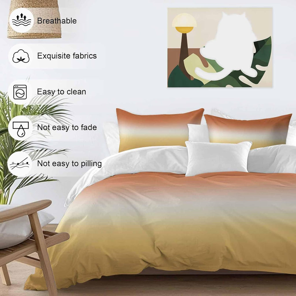 Gradient Orange Duvet Cover Set Queen Size 4 Pieces Modern Minimalist Yellow Orange Ocean Beach Bedding Set with Zipper Closure, 1 Comforter Cover 86x86 Inches 1 Flat Sheet & 2 Pillow Cases