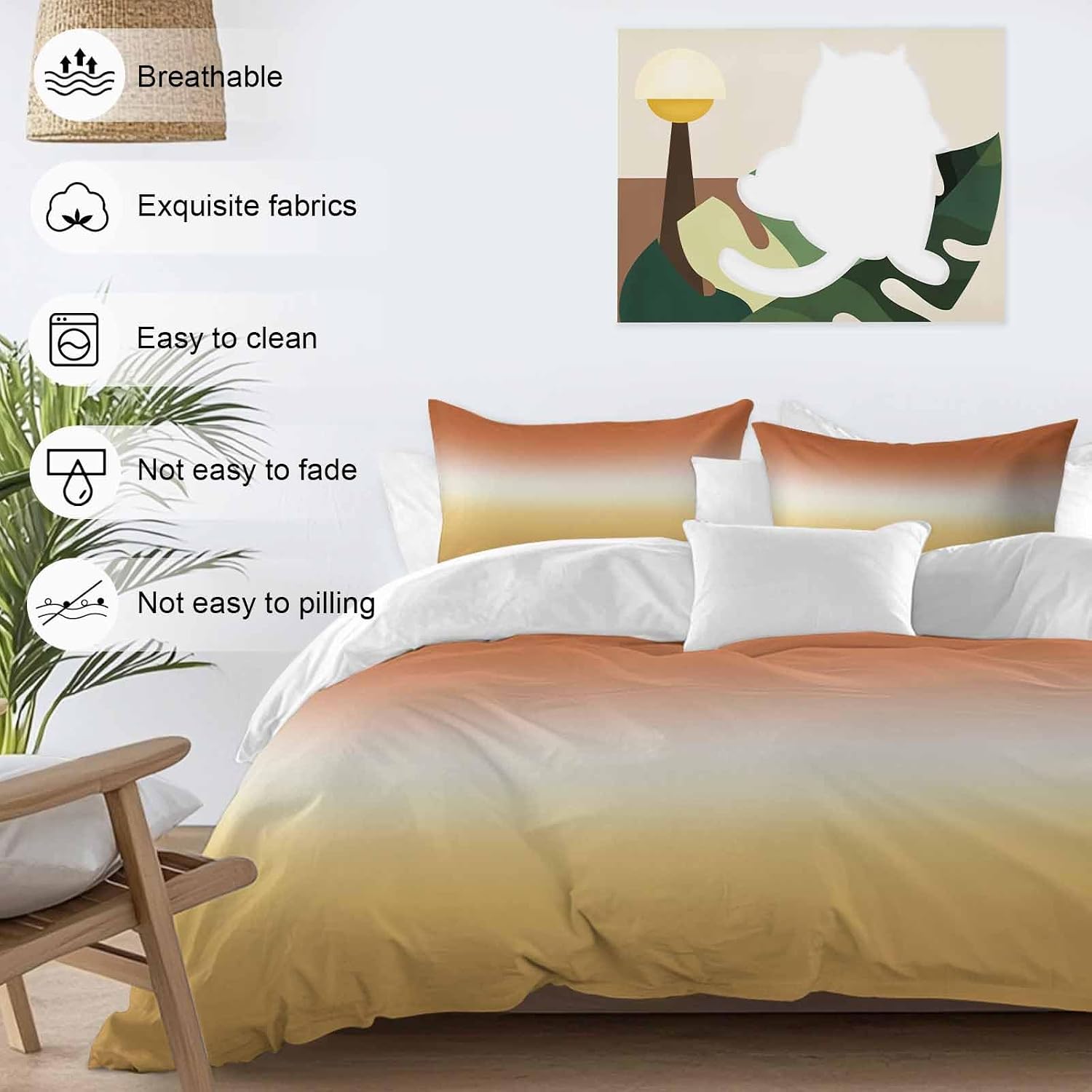 Gradient Orange Duvet Cover Set Queen Size 4 Pieces Modern Minimalist Yellow Orange Ocean Beach Bedding Set with Zipper Closure, 1 Comforter Cover 86x86 Inches 1 Flat Sheet & 2 Pillow Cases