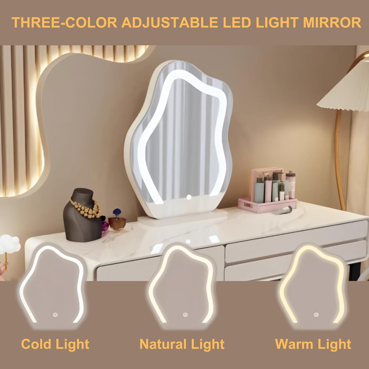 Modern Vanity Desk Set, Makeup Vanity Table with LED Smart Mirror, Rock Slate Desktop and Expandable Side Cabinet, Solid Wood Dressing Table for Bedroom, Full Set of Accessories (White -40in)