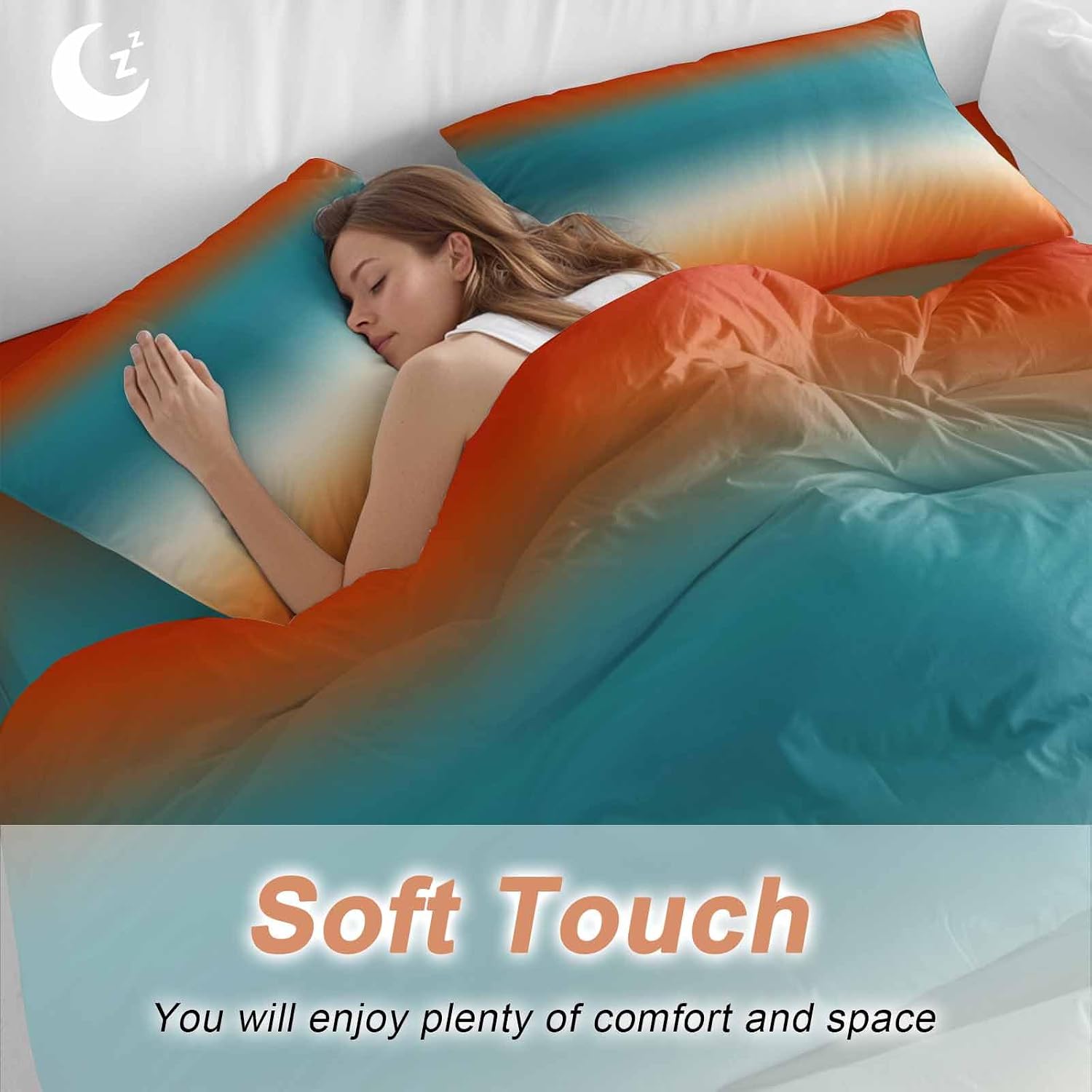 Bohemian Gradient Blue Duvet Cover Set Queen Size 4 Pieces Modern Minimalist Red Orange Ocean Beach Bedding Set with Zipper Closure, 1 Comforter Cover 86x86 Inches 1 Flat Sheet & 2 Pillow Cases