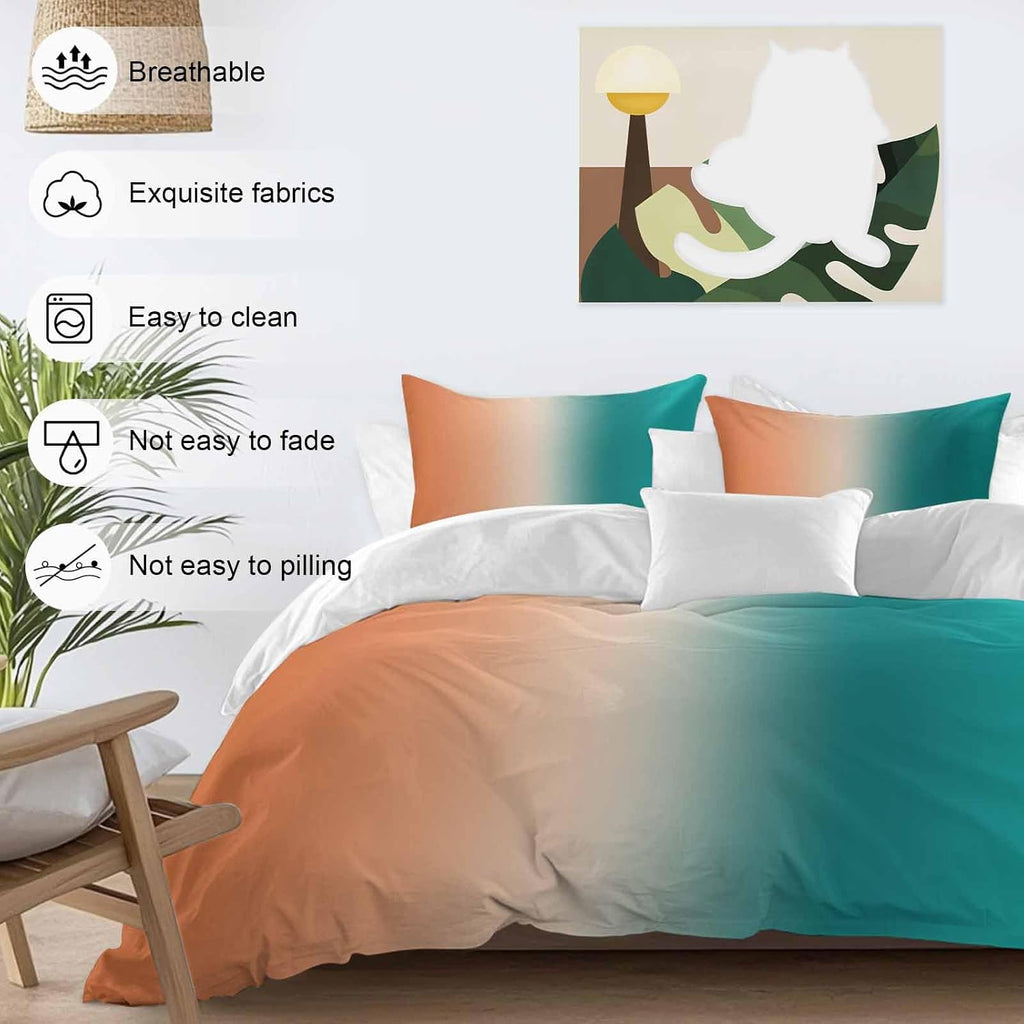 Gradient Green Orange Duvet Cover Set Queen Size 4 Pieces Modern Abstract Minimalist Teal Brown Ocean Beach Bedding Set with Zipper Closure,1 Comforter Cover 86x86 Inches 1 Flat Sheet & 2 Pillow Cases
