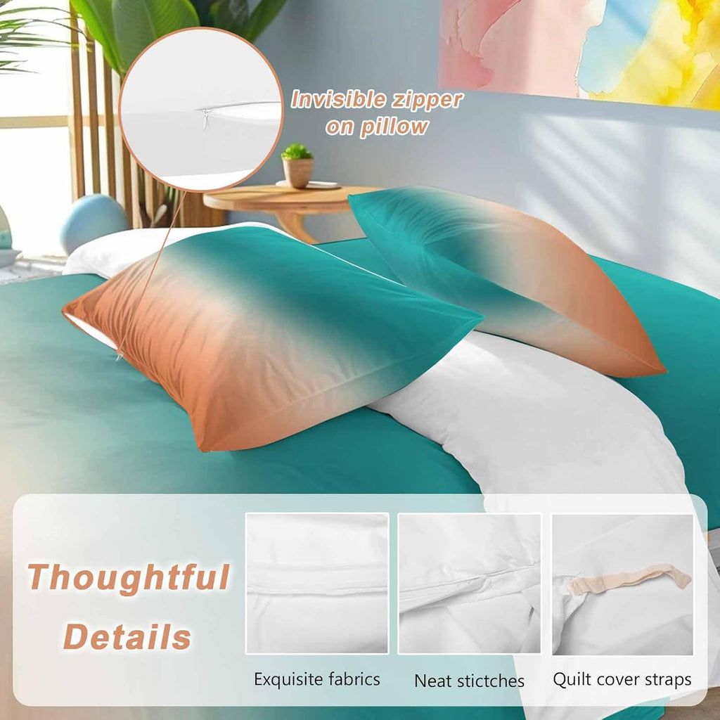 Gradient Green Duvet Cover Set Queen Size 4 Pieces Modern Minimalist Green Orange Ocean Beach Bedding Set with Zipper Closure, 1 Comforter Cover 90x92 Inches 1 Flat Sheet & 2 Pillow Cases