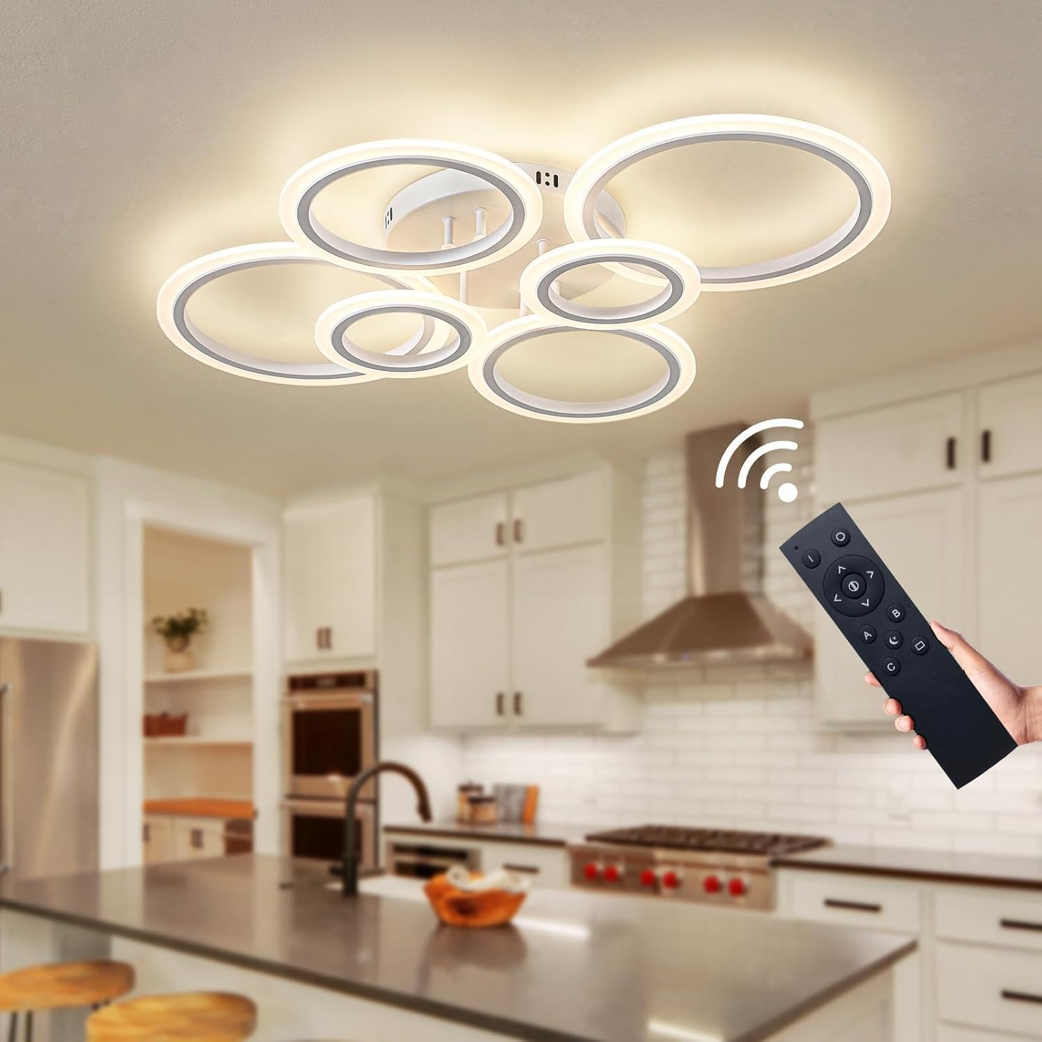Shine LUEST 60W Modern LED Ceiling Light Fixture, Dimmable LED Chandelier Flush Mount Ceiling Lights Remote Control 6 Acrylic Ring Ceiling Lamp Fixture for Living Room Dining Room Bedroom, 7640LM