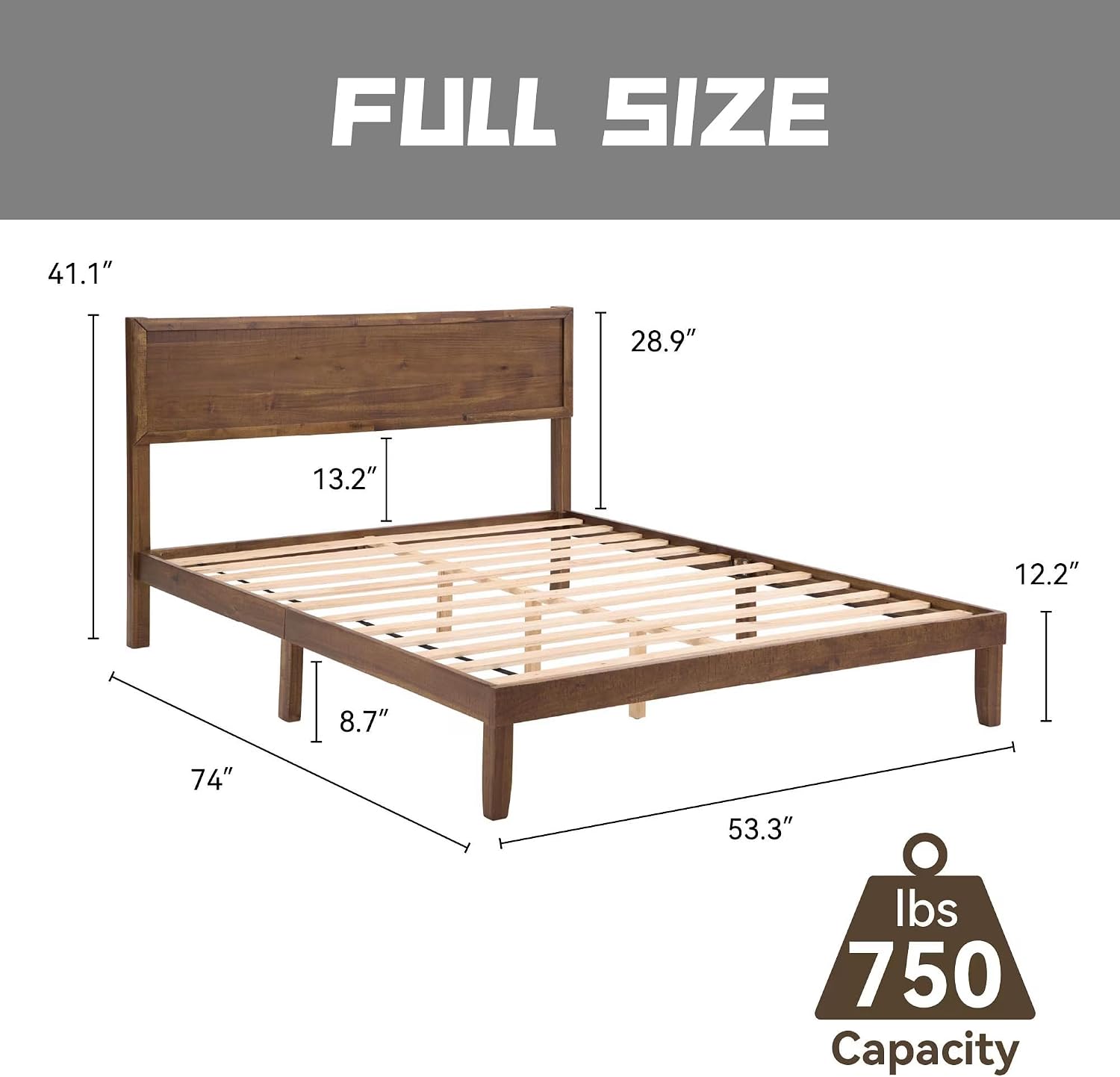 Full Size Solid Wood Platform Bed Frame - Premium Rubber Wood Reinforced Thickened Support, Load-Bearing, Modern Headboard Design, Tool-Free Assembly Bedroom Furniture Set,Brown (Full)