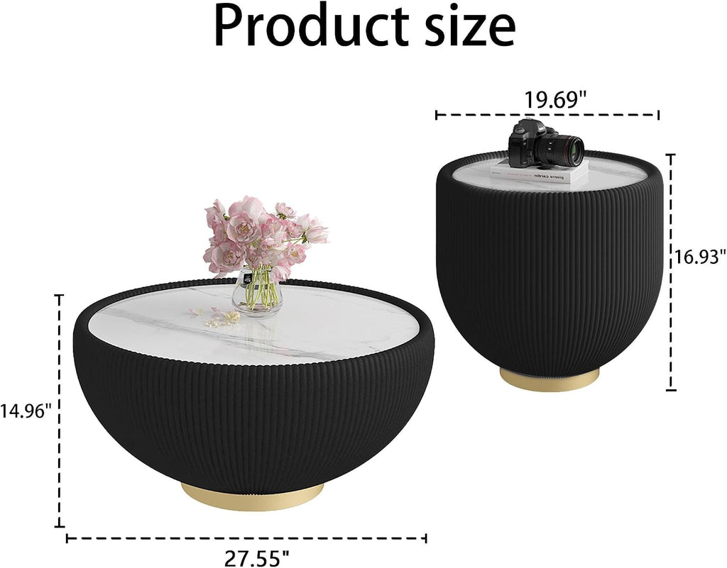Round Living Room Table Set, 27.56' Black Drum Center Table and 19.69' Black Coffee Table Set, 2 Pieces Coffee Table Set with Sintered Stone Tabletop, Fluted PU Leather Covered and Metal Base