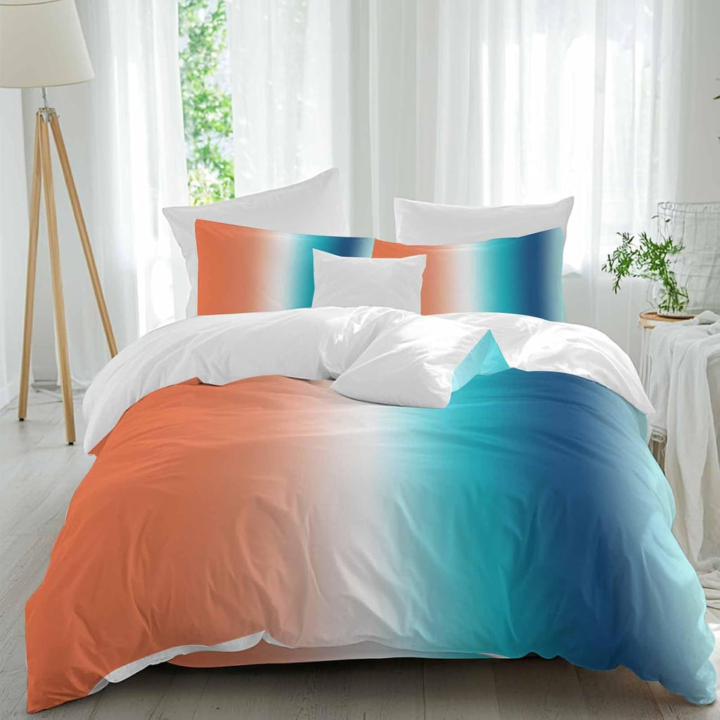 Gradient Orange Teal Duvet Cover Set Queen Size 4 Pieces Modern Abstract Minimalist Blue Ocean Beach Bedding Set with Zipper Closure, 1 Comforter Cover 92x106 Inches 1 Flat Sheet & 2 Pillow Cases