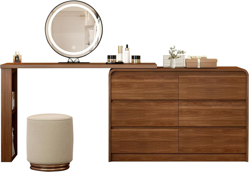 Makeup Vanity Desk with Touch Screen Mirror, 50-90 in Adjustable Sturdy Vanity Table Set with Chair, Bedroom Elegant Dressing Table for Women with 6 Drawer Rounded Corners Storage Cabinet, Brown