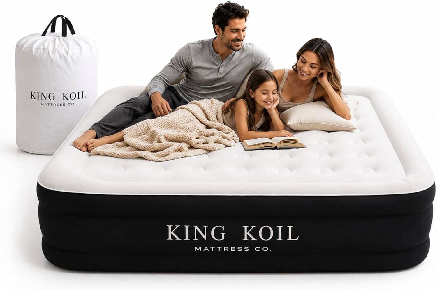 King Koil Full Size Plush Pillow Top Inflatable Air Mattress with Built-in Pump High-Speed Pump for Home, Camping, Guests, Luxury Double High Adjustable Blow Up Bed, Waterproof, 1-Year Warranty.