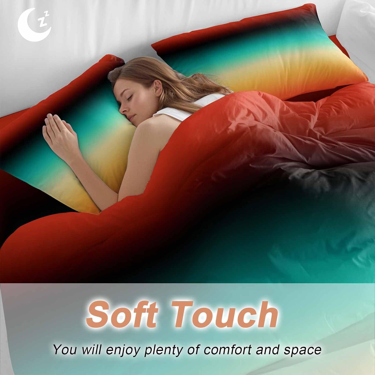 Bohemian Gradient Green Duvet Cover Set Queen Size 4 Pieces Modern Minimalist Orange Yellow Black Ocean Beach Bedding Set with Zipper Closure,1 Comforter Cover 92x106 Inch 1 Flat Sheet&2 Pillow Cases