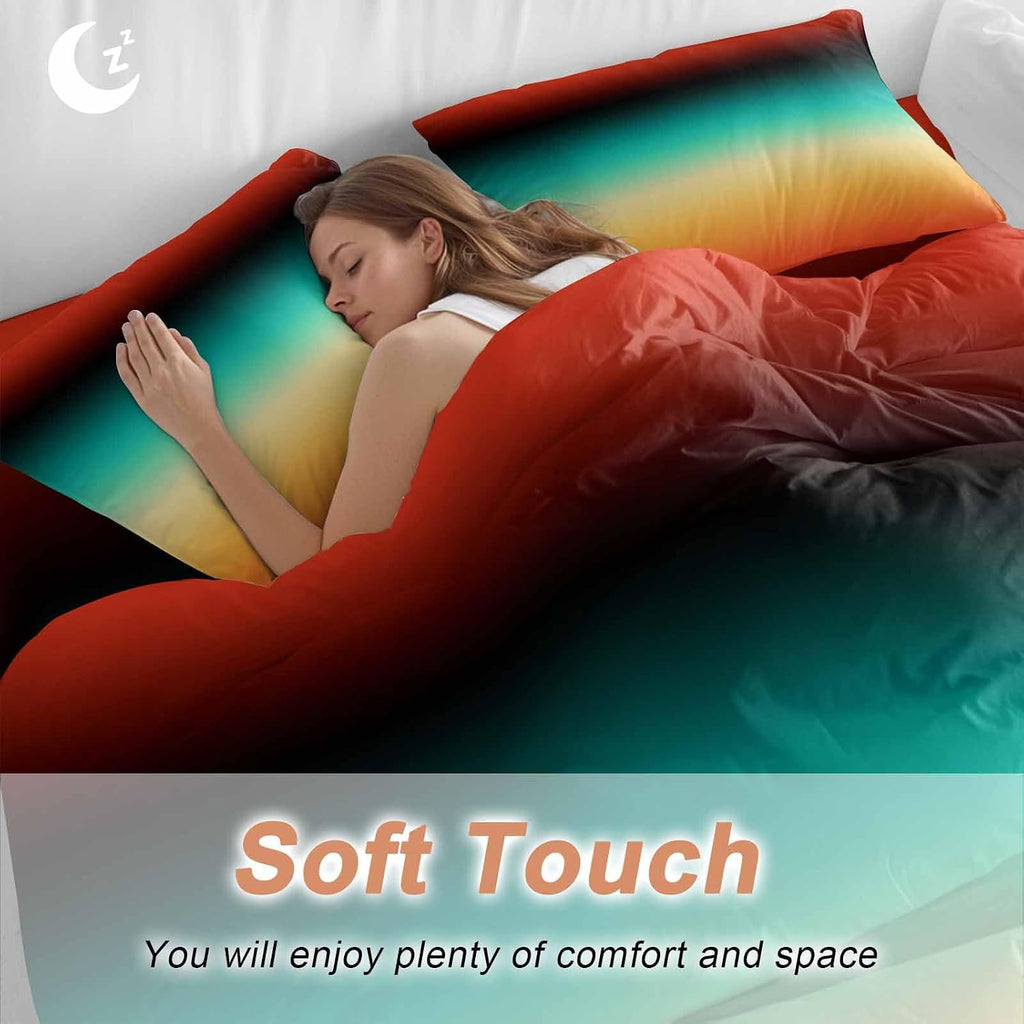 Bohemian Gradient Green Duvet Cover Set Queen Size 4 Pieces Modern Minimalist Orange Yellow Black Ocean Beach Bedding Set with Zipper Closure,1 Comforter Cover 86x86 Inches 1 Flat Sheet&2 Pillow Cases